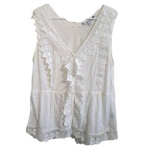 Paper Tee 1X White Sleeveless Top Crochet Trim Button Up Babydoll Pleated